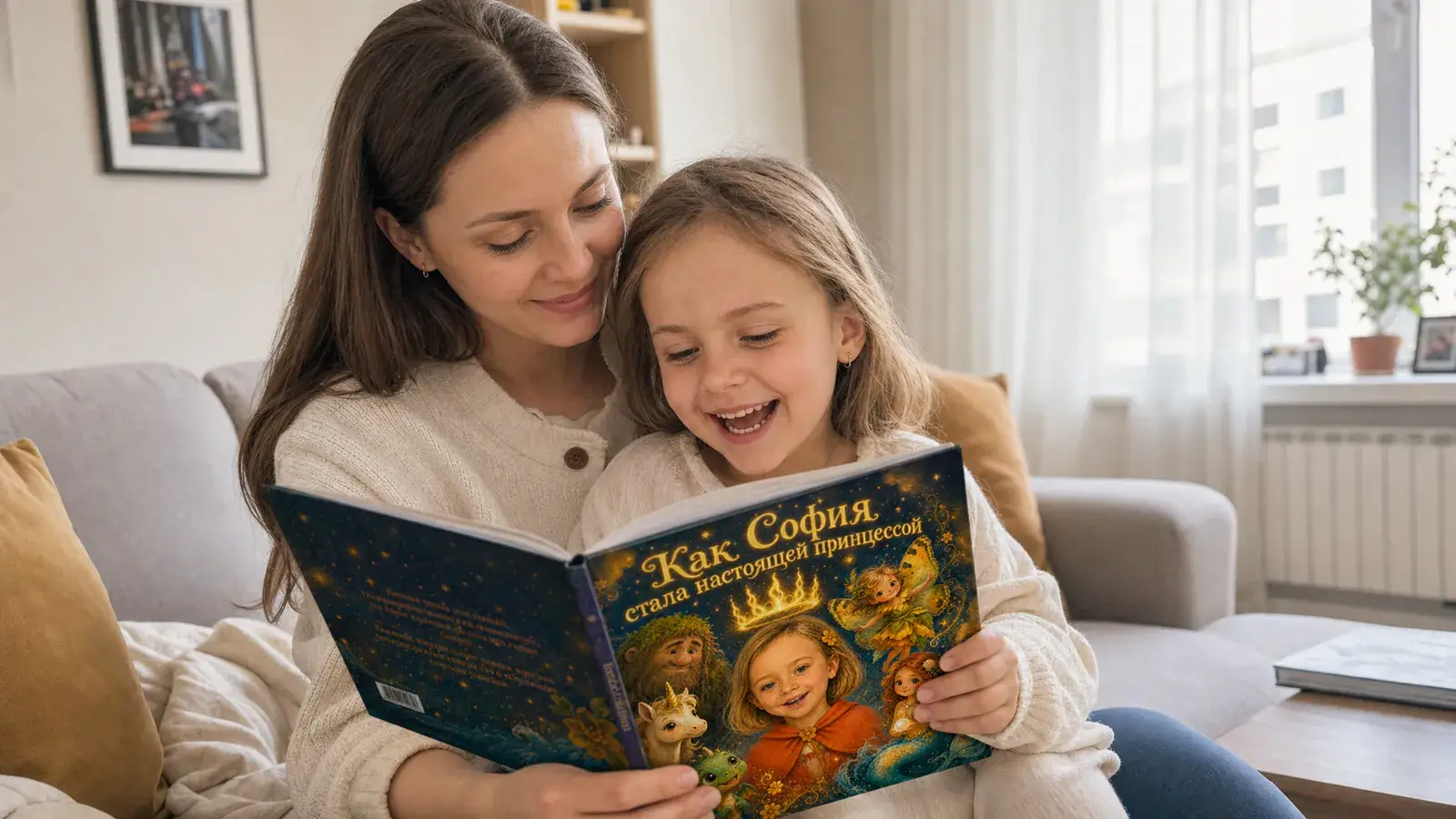Мама и дочка читают книгу Сказкина тёплым вечером